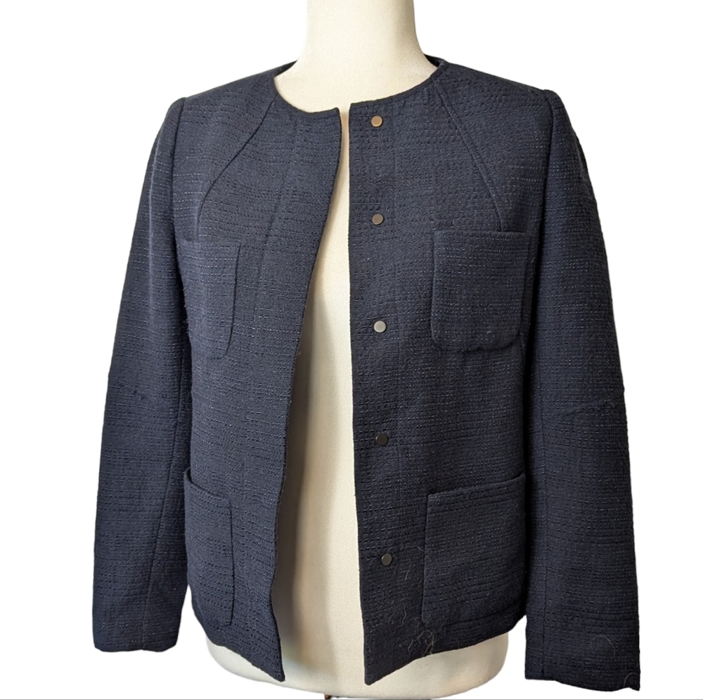 Vince Snap Tweed Wool Blend Navy Preppy Blazer Fitted Suit Jacket: Women's 2